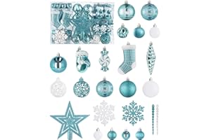 ‎SOLEDI SOLEDI® 128er Set Premium Weihnachtskugeln Kunststoff Blau Weiß mit Baumspitze Stern - Robuste und Sichere Christbaumschmuck Set mit Aufhängen - Christbaumkugeln Bunt, Mehrweg Weihnachtsdeko