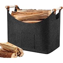 Panier à Bûches XXL CoatCool En Feutre 5mm - 55x32x40cm, Poignées Bois Cuir, Pliable Avec Poche Latérale - Gris Foncé
