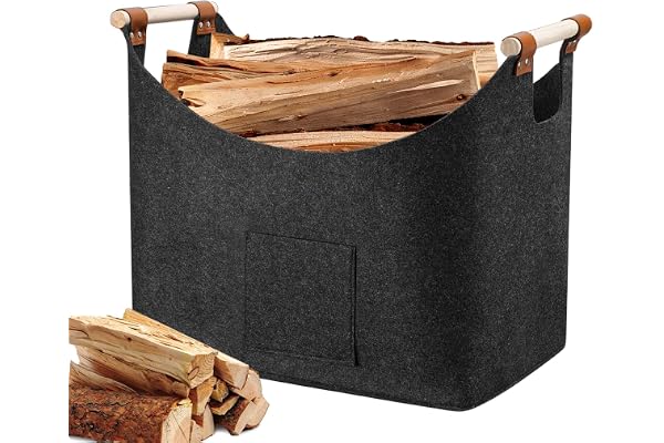 Panier à bûches XXL Panier a Bois avec Poignée Renforcée, Panier Rangement, Sac à Bois pour Cheminée Sac en Feutre, Journaux, Jouets, Magazines (55 x 32 x 40 cm)