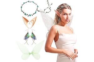 JeVenis Hada Verde Alas para Adultos Disfraz de Hada Campanilla Mujer Diadema Floral Hada Orejas de Duende Corona Alas Pendientes