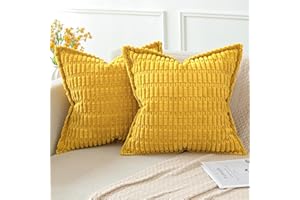 Artscope Mustard Yellow Cushion Covers Set of 2 Corduroy Decorative Square Striped Pillowcase with Stitched Edge Pillow Covers 50x50cm for Home Decor Sofa Bedroom Car