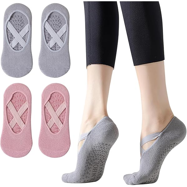 DALAETUS 4 paar antislip sokken, yogasokken voor dames, pilatessokken, voor indoor-oefeningen, pilates, ballet, fitness (roze, paars, zwart, kaki