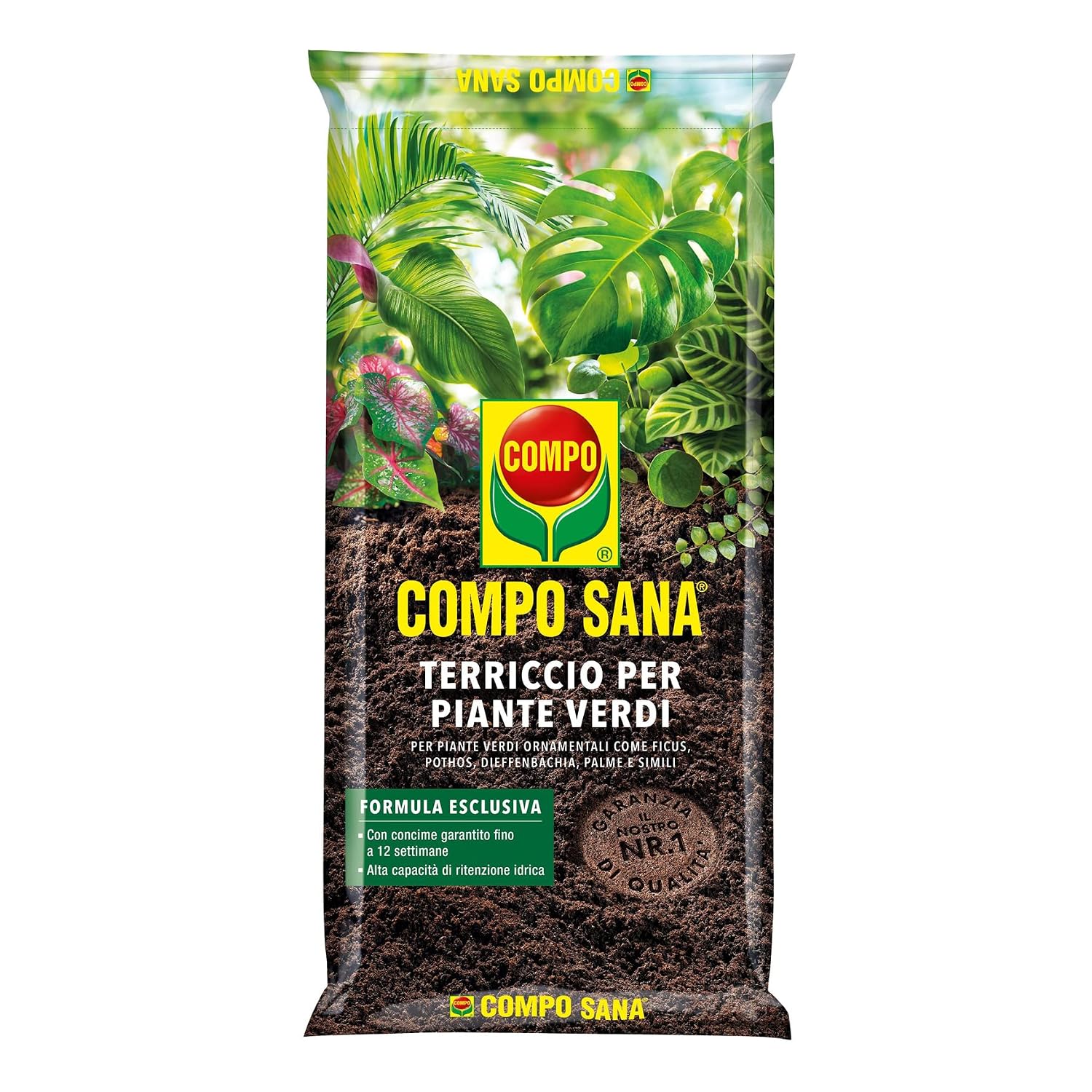 COMPO SANA® Terriccio Per Piante Verdi, Per piante da Appartamento, 5L | Miscela ideale per il rinvaso di Monstera, Ficus e Pothos: assicura fioriture e foglie sane, rigogliose e brillanti