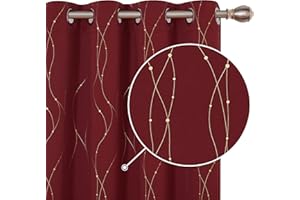 Deconovo Soft Gold Dotted Line Foil Printed Blackout Curtains Thermal Insulated Curtains Eyelet Energy Efficiency Room Darkening Curtains for Bedroom 46 x 90 Inch Red 2 Panels