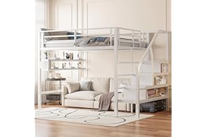 HUAYZ Letto per bambini a soppalco 140 x 200 cm, letto in metallo/ferro con protezione anticaduta e rete a doghe, scala di sicurezza con ripiano, letto a castello letto per ragazzi letto funzionale con