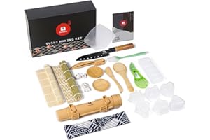 SUPJOYES Sushi Making Kit - 27 in 1 Complete Maker for Beginners, With Bamboo Rolling Mat, Bazooka, Knife, Chopsticks, Nigiri/Onigiri/Gunkan Molds, Guide Book & More