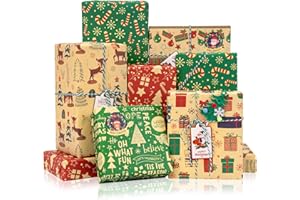 Toptime Papier Cadeau Noel, 6 Feuilles de Emballage Cadeau Noel avec Étiquettes Cadeaux, Autocollants, Ruban, Papier Emballage Vintage Épais, Papier Cadeau Kraft pour les Vacances, la Fête, 70x50cm