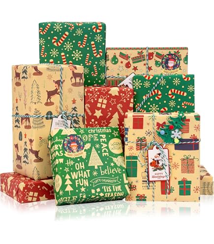 Kit D’emballage Cadeau De Noël - 6 Papiers Kraft Motifs, étiquettes, Autocollants, Cordes !