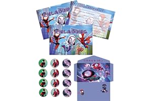 Olanstar 12x Spinne Einladungskarten für Kindergeburtstag inklusive 12 Umschlägen und 12 runden Aufklebern, Spinne und seine Super-Freunde, Deutsche Einladungskarten für Kindergeburtstagsfeiern