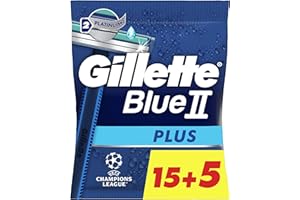 Gillette Blue II Plus Rasoirs Jetables x 20, Avec Bande Lubrifiante Et Deux Lames Ultra-Affûtées, Pour 5 Rasages De Près