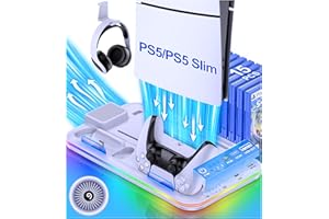 ALEEMTRY PS5 Ständer Zubehör für PS5 Slim Neu, PS5 Standfuß mit 3-Stufig Lüfter PS5 Kühler/RGB Licht/15 Spiele Aufbewahrung, PlayStation 5 Standfuß für PS5 Slim Disc & Digital Konsole Weiß