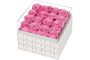 MAMAMIKO 16 Konservierte Rosen, Ewige Rosa Forever-Rosen in Acrylbox, Blumengeschenke für Sie, Frau, Ehefrau, Freundin zum Geburtstag, Jahrestag, Valentinstag, Weihnachten
