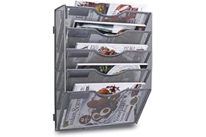 TQVAI 5-Tier Wall File Organiser, Wall Mail Holder, Wall Mounted Magazine Rack, Mesh A4 Paper Storage, Office Document Organiser, Silver