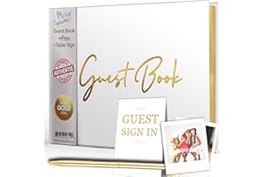 Merry Expressions Wedding Guest Book & Pen, Gold Finish - 23x18 cm Hardcover White Polaroid Guest Book 100 Pages - Guest Sign In Book for Wedding Reception, Birthday Party, Bridal Showers & More