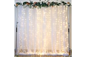 SUPPROMO White Tulle Backdrop with Lights String for Parties - 108ft Sheer Curtains for Wedding, Baby Shower, Birthday Party & Photo Shoot Decorations (2 Panels)