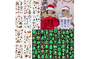 FLYFTREY Tatuaje de Navidad Temporales Niños, 10 hojas Tatuaje ordinario y 10 hojas Tatuajes que brillan la oscuridad, Tatuajes Temporales Regalos De CumpleañOs, Decoración de fiesta de Navidad