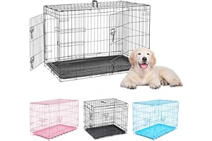 JAOSY Dog Crates 2 Door Sturdy Home Pet Wire Cage Black Pink Blue Vet Animal Transport Carrier Rust-proof Animal Playpen Folding Metal Dog Crate with Plastic Tray XS S M L Sizes Pet Training Cage (Black)