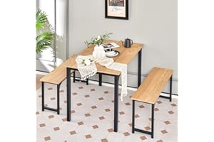 ‎COSTWAY COSTWAY Esstisch mit 2 Bänken, Essgruppe 3er-Set, 110 x 70cm Küchentisch für 4 Personen, Esszimmertisch mit rostfreiem Metallrahmen, Sitzgruppe für Küche, Wohnzimmer, Esszimmer (Natur)