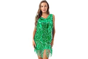 Agoky Damen Ärmellos Pailletten Kleid V-Ausschnitt Glitzer Quasten Partykleid Flapper Kostüm Tanzkleid Samba Tango Latein Outfits