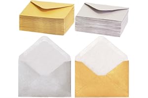 MATICAN Lot de 100 mini enveloppes en papier pour cartes de visite, petites pochettes en vrac pour petites cartes de notes, or et argent, 50 de chaque, 10,2 x 6,8 cm