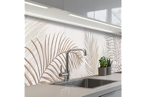 KitchenYeah© Antisalpicaduras Cocina 60x500 cm Adhesivo Salpicadero Protector Pared Salpicaduras Revestimiento Hojas - Beige - Botánico - Vintage