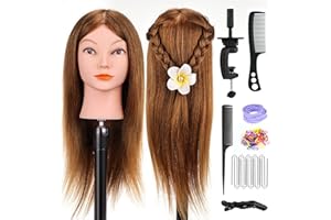 Cabezal de entrenamiento, Yofuly 18 inch Cabeza Peluqueria, 100% Cabello Humano, Cabeza Práctica Modelo Maniqui de Cosmetología con Abrazadera de Mesa y Juego de Trenzas de Cabello DIY (Marrón)