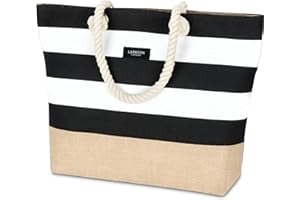 LARKSON Bolso de Playa Bolso de Viaje para Hombre y Mujer Hecho de Resistente Lona de Algodón y Yute - Bolsa para Nadar con Cómodas Asas Amplias - Gran Bolso Tote con Cremallera