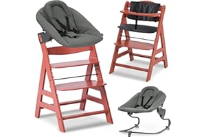 hauck Seggiolone Pappa Evolutivo Alpha Plus Newborn Set Premium, Da 0 Mesi con Sdraietta Neonati Dondolo Reclinabile Extra Piatta, Cuscino in Cotone - (Bouncer: Dark Grey, Cork)