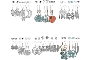 Finrezio - Juego de 36 pares de aretes colgantes bohemios para mujeres y niñas, estilo bohemio, vintage, con forma de gota de agua, corazón, perla, pluma, luna, joyería para regalos