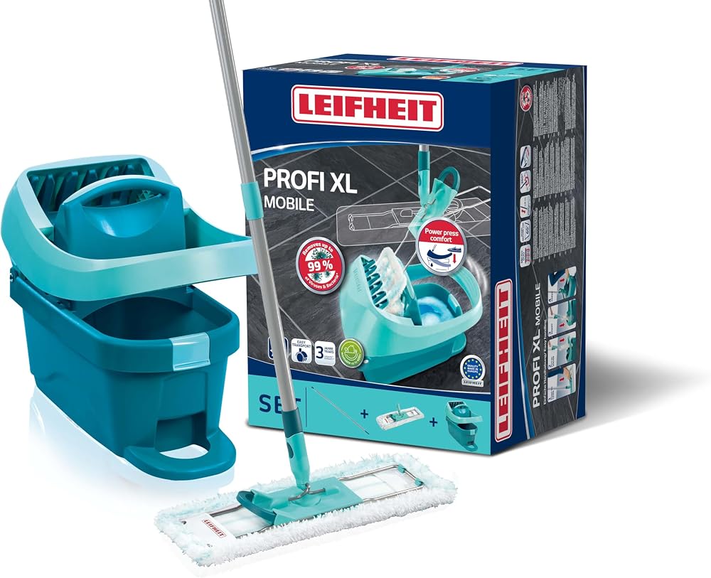 Leifheit Profesyonel XL paspas presi seti, zemin sileceği ve tekerlekli, temiz ellerle ve eğilmeden temizleme, elde sıkma, mikrofiber silme kılıfı, fayans ve laminat için, klik sistemi