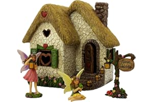 PRETMANNS Fairy Garden House Kit – Complete with Accessories, House 18 cm High with Door that Opens & Fairies for Outdoor Gardens – 4 Pieces