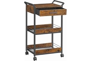VASAGLE Storage Trolley, 3-Tier Rolling Cart with Table Top, Handles, 4 Lockable Castors, Top Drawer, Mesh Shelves, for Kitchen, Bathroom, Bedroom, Rustic Brown and Ink Black LRC048K01