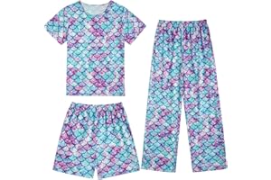 Fanient Girls Pyjamas Sets Girls Colorful Printed Pyjamas Sleepwear Short Sleeve Nightwear for Girls Pjs 3 Piece Sets 7-14 Years