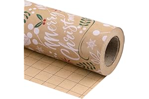 RUSPEPA Papel De Regalo Navideño Kraft - Mini Rollo - 43,2 Cm X 10 M - Letras "Feliz Navidad" Con Diseño De Hojas Navideñas Para Navidad, Días Festivos, Celebración De Fiestas