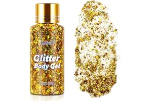 KURCHUGO Gold Body Glitter Gel, Holographic Mermaid Sequins Glitter for Body, Face, Eye, Hair, Lip, Nail, Concerts, Party, Festival, Makeup, DIY Art, Long Lasting Waterproof