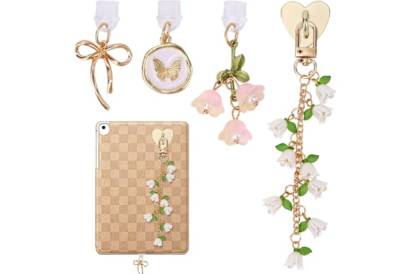 NQEUEPN 5st Charms Set för Kindle, Blomkedja, Dammpropp & Hållare Kit | Akryl & Legering Blomkedja, Typ-C Dammpropp Charms & Hjärthandtag Hållare Dekorativa Tillbehör för Kindle E-Läsare Telefon
