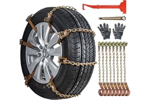 Oziral 8-pack of adjustable snow chains, with a plastic snow shovel and gloves, are easy to install and are durable tire chains suitable for cars, trucks, and SUVs on snowy roads.