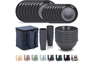 Evanda Plastic Dinnerware Sets 32 Piece Service for 8 with a Portable Oragnizer Bag, Reusable Plates and Bowls Sets Include Cups, Bowls, Dishes for Home, Camping, Picnic, Outdoor (Gray)