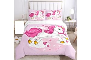 SHUAIG Einhorn Bettwäsche Set Kinder Bettwäsche 3D Gedruckt Einhorn Cartoon Bettbezug,Soft Mikrofaser Bettbezug mit 2 Kissenbezug 50x75cm für Mädchen.(Rotes Einhorn, 135x200 cm)