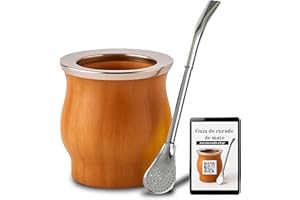 Alevem Calabaza Mate Argentino Kit Madera Estilo Camionero + Bombilla Mate Argentino | Vaso Mate Algarrobo con Virola de Acero Inoxidable para Tomar Yerba Mate