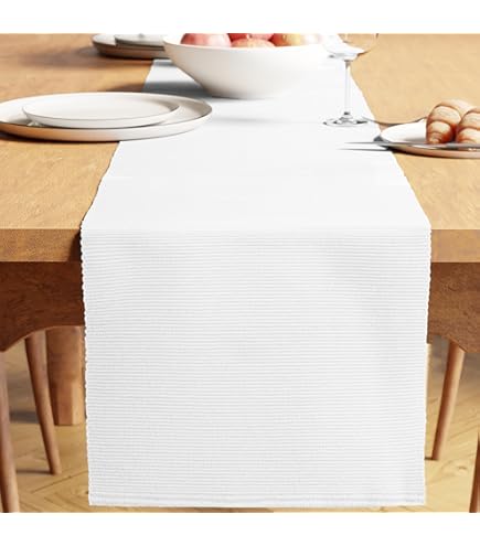 Encasa XO tafelloper | Puur katoen met holzoomdesign | Afmeting 40x183 cm | Wit - Wasbaar in de machine