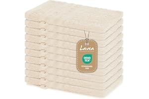 Lavea® 10 Guanti da Bagno 15x21 cm in Spugna di Cotone 100% Morbidi e Assorbenti, per Casa Hotel Spa – Manopola da Bagno con Gancetto – Crema