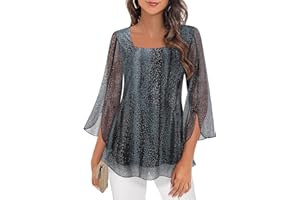 Syphiby Womens Blouses Ruffle 3/4 Sleeve Tunic Tops Loose Flowy Square Neck Chiffon Top Double Layers Mesh Shirts M-3XL