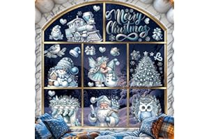 ZAWTR Vetrofanie Natalizie per Finestre, Adesivi Finestra Natalizi Riutilizzabili Fiocco di Neve Babbo Natale Stickers, Grandi Blu PVC Decorazioni Vetrofania Wallpaper Murali per Vetrine Negozio Vetro Porte