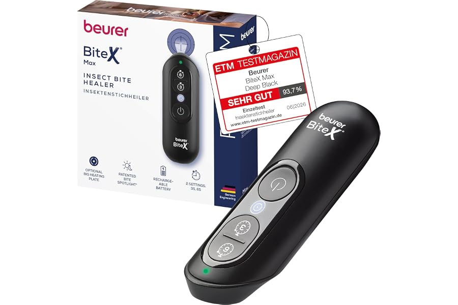 Beurer BiteX Max Deep Black Insektenstichheiler mit größerer Heizfläche, Mückenstich Hitzestift zur Behandlung von Insektenst