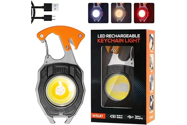 KLIFFOO Keychain LED Flashlights, Rechargeable Flashlight Torch 7 Light Modes with Lighter,Whistles,Screwdriver,Bottle Opener,Magnet Base Multifunction Emergency Use COB Light for Camping Outoor