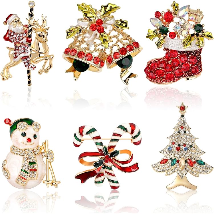 MELLIEX 6 stuks kerstbroche sneeuwpin set met kerstversiering van strasskristal, 6 Pezzi-B, legering, kristal, legering, kristal