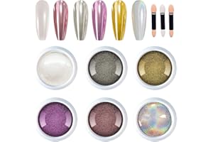 GZMAYUEN 6 Colors Chrome Nail Powder, Metallic Mirror Effect Holographic Nail Chrome Powder, Magic White Pearl Chrome Powder for Nails Art Decoration