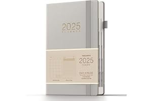 TDOLISSTE - Academic Diary 2025 Day to Page A5 Planner (365-page daily plan and 24-page monthly plan), Pen Loop and Inner Pocket, Elastic Closure, HardCover (Grey)