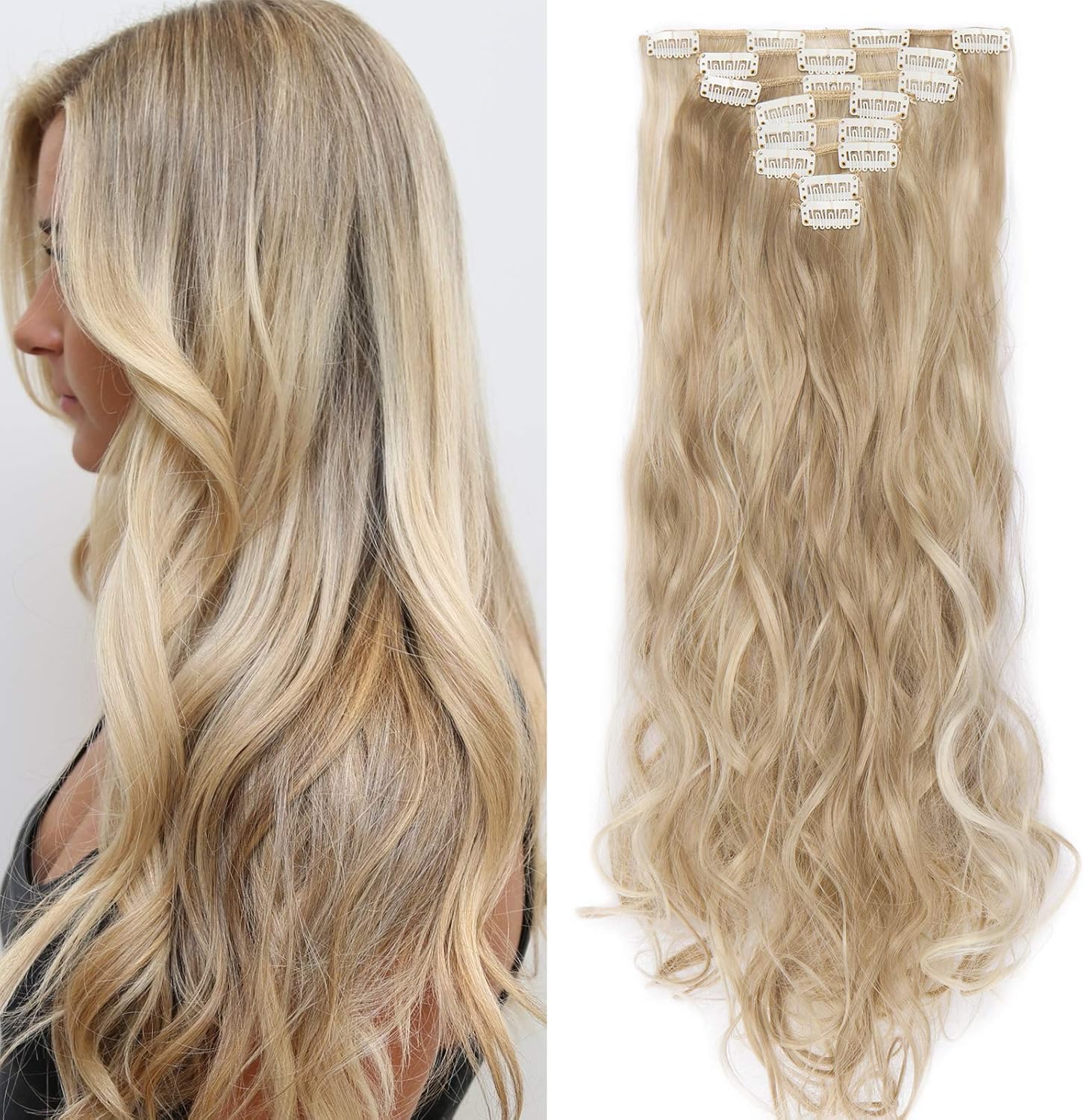 24"(60cm) SEGO Extensiones de Cabello Clip de Pelo Sintético Se Ve Natural 8 PCS [Sandy Rubio mezcla Blanqueador Rubio] Rizado Ondulado Largo Postizos Pelucas (140g)